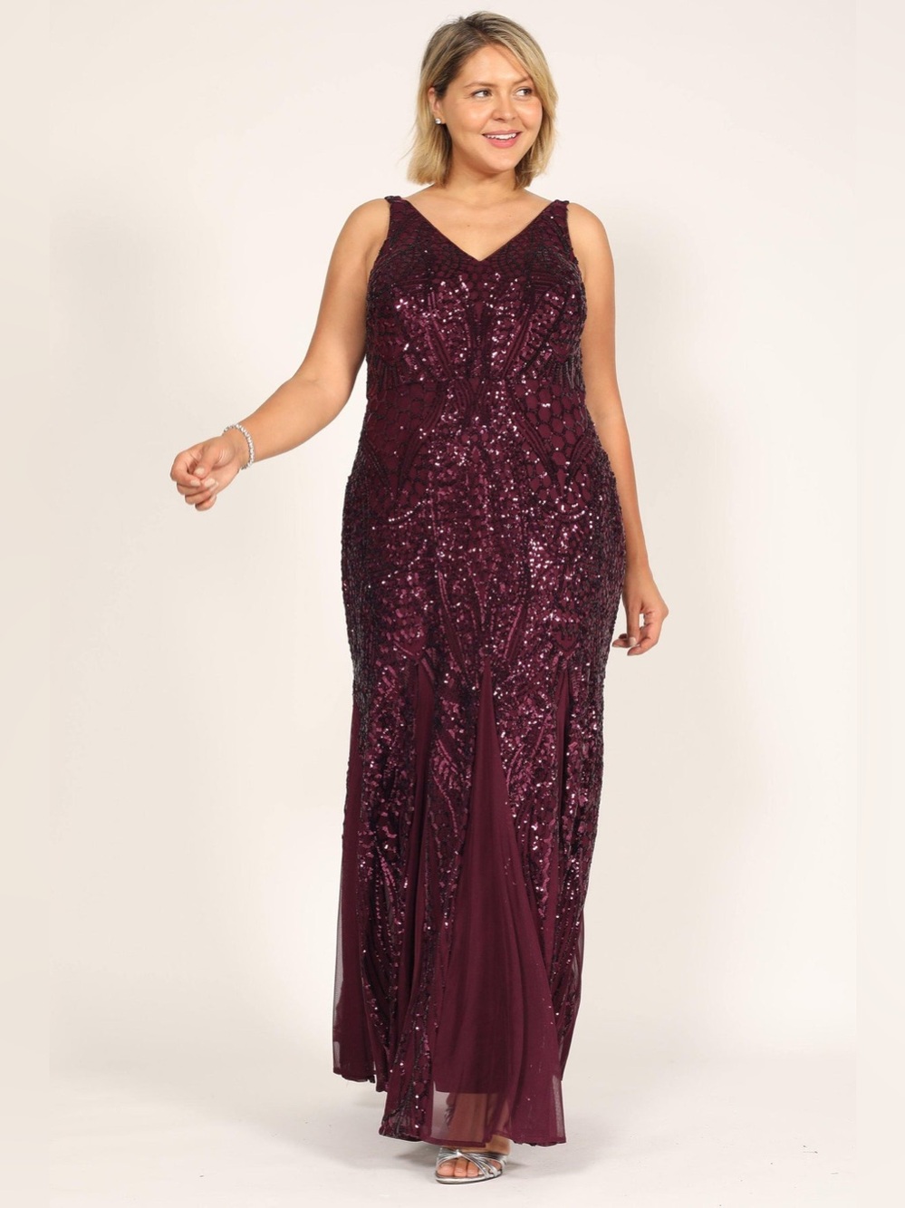 Night Way Collections Sequin V-Neck Gown in Deep Plum